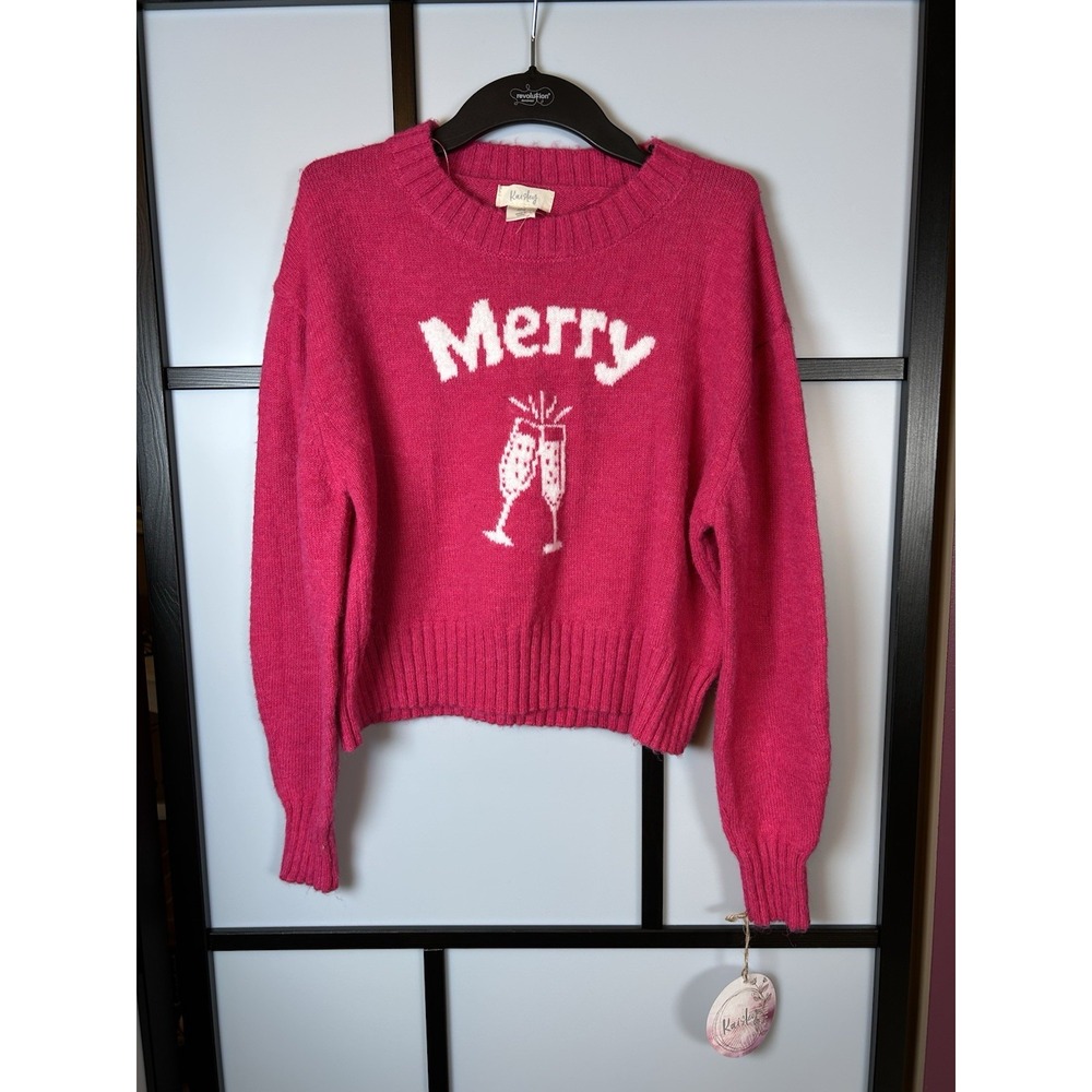 KAISLEY Merry Cheers Crop Sweater  Womens Sz M‎ PINK RASPBERRY Christmas